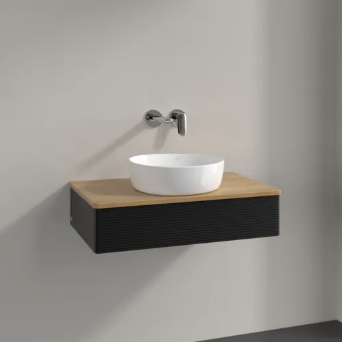 Picture of VILLEROY BOCH Antao Vanity unit, with lighting, 1 pull-out compartment, 800 x 190 x 500 mm, Front with grain texture, Black Matt Lacquer / Honey Oak #L08111PD