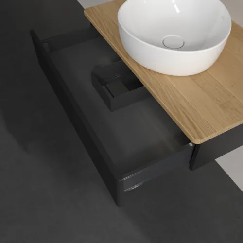 Picture of VILLEROY BOCH Antao Vanity unit, with lighting, 1 pull-out compartment, 800 x 190 x 500 mm, Front with grain texture, Black Matt Lacquer / Honey Oak #L08111PD