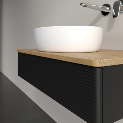 Picture of VILLEROY BOCH Antao Vanity unit, with lighting, 1 pull-out compartment, 800 x 190 x 500 mm, Front with grain texture, Black Matt Lacquer / Honey Oak #L08111PD