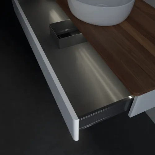 Picture of VILLEROY BOCH Antao Vanity unit, with lighting, 1 pull-out compartment, 1200 x 190 x 500 mm, Front with grain texture, White Matt Lacquer / Warm Walnut #L10112MT