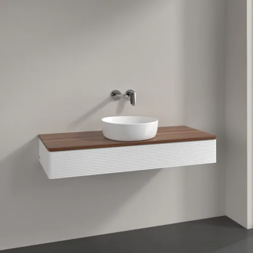 Picture of VILLEROY BOCH Antao Vanity unit, with lighting, 1 pull-out compartment, 1200 x 190 x 500 mm, Front with grain texture, White Matt Lacquer / Warm Walnut #L10112MT