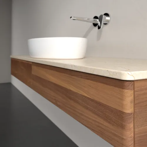 Bild von VILLEROY BOCH Antao Waschbeckenunterschrank, mit Beleuchtung, 2 Auszüge, 1600 x 190 x 500 mm, Front ohne Struktur, Warm Walnut / Botticino #L14013HM