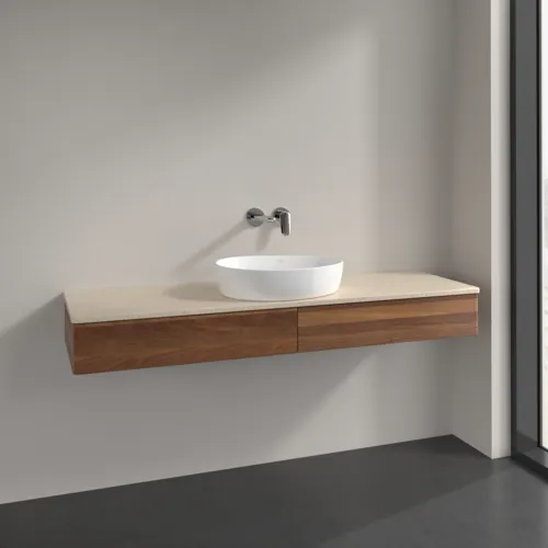 Bild von VILLEROY BOCH Antao Waschbeckenunterschrank, mit Beleuchtung, 2 Auszüge, 1600 x 190 x 500 mm, Front ohne Struktur, Warm Walnut / Botticino #L14013HM