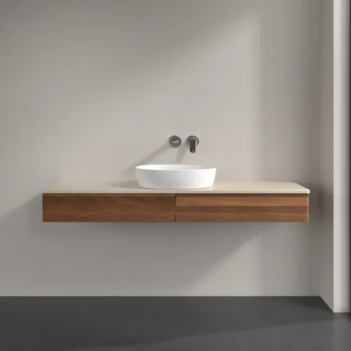 Bild von VILLEROY BOCH Antao Waschbeckenunterschrank, mit Beleuchtung, 2 Auszüge, 1600 x 190 x 500 mm, Front ohne Struktur, Warm Walnut / Botticino #L14013HM