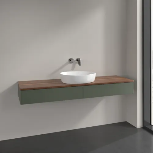 Bild von VILLEROY BOCH Antao Waschbeckenunterschrank, mit Beleuchtung, 2 Auszüge, 1600 x 190 x 500 mm, Front ohne Struktur, Leaf Green Matt Lacquer / Warm Walnut #L14012HL