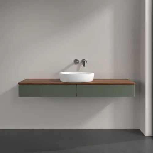 Bild von VILLEROY BOCH Antao Waschbeckenunterschrank, mit Beleuchtung, 2 Auszüge, 1600 x 190 x 500 mm, Front ohne Struktur, Leaf Green Matt Lacquer / Warm Walnut #L14012HL