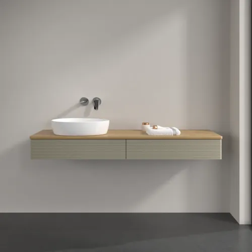 Bild von VILLEROY BOCH Antao Waschbeckenunterschrank, mit Beleuchtung, 2 Auszüge, 1600 x 190 x 500 mm, Front mit Struktur, Stone Grey Matt Lacquer / Honey Oak #L15111HK