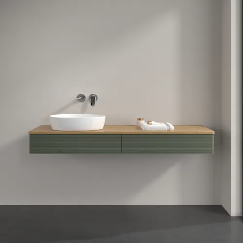 Bild von VILLEROY BOCH Antao Waschbeckenunterschrank, mit Beleuchtung, 2 Auszüge, 1600 x 190 x 500 mm, Front mit Struktur, Leaf Green Matt Lacquer / Honey Oak #L15111HL