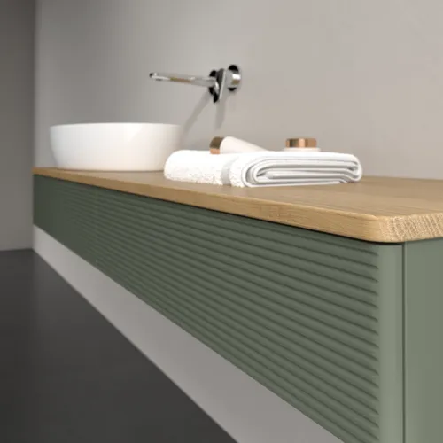 Bild von VILLEROY BOCH Antao Waschbeckenunterschrank, mit Beleuchtung, 2 Auszüge, 1600 x 190 x 500 mm, Front mit Struktur, Leaf Green Matt Lacquer / Honey Oak #L15111HL
