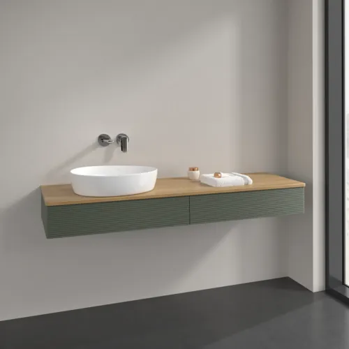 Bild von VILLEROY BOCH Antao Waschbeckenunterschrank, mit Beleuchtung, 2 Auszüge, 1600 x 190 x 500 mm, Front mit Struktur, Leaf Green Matt Lacquer / Honey Oak #L15111HL
