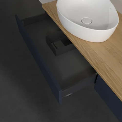 Bild von VILLEROY BOCH Antao Waschbeckenunterschrank, mit Beleuchtung, 2 Auszüge, 1600 x 190 x 500 mm, Front mit Struktur, Midnight Blue Matt Lacquer / Honey Oak #L15111HG