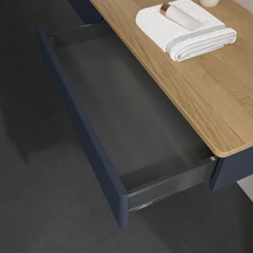 Bild von VILLEROY BOCH Antao Waschbeckenunterschrank, mit Beleuchtung, 2 Auszüge, 1600 x 190 x 500 mm, Front mit Struktur, Midnight Blue Matt Lacquer / Honey Oak #L15111HG