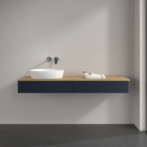Bild von VILLEROY BOCH Antao Waschbeckenunterschrank, mit Beleuchtung, 2 Auszüge, 1600 x 190 x 500 mm, Front mit Struktur, Midnight Blue Matt Lacquer / Honey Oak #L15111HG