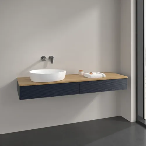 Bild von VILLEROY BOCH Antao Waschbeckenunterschrank, mit Beleuchtung, 2 Auszüge, 1600 x 190 x 500 mm, Front mit Struktur, Midnight Blue Matt Lacquer / Honey Oak #L15111HG