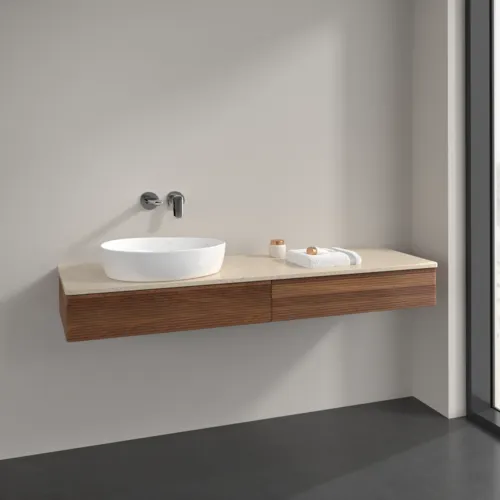 Bild von VILLEROY BOCH Antao Waschbeckenunterschrank, mit Beleuchtung, 2 Auszüge, 1600 x 190 x 500 mm, Front mit Struktur, Warm Walnut / Botticino #L15113HM