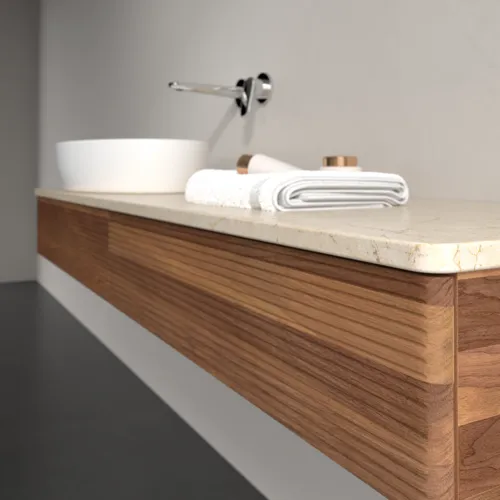 Bild von VILLEROY BOCH Antao Waschbeckenunterschrank, mit Beleuchtung, 2 Auszüge, 1600 x 190 x 500 mm, Front mit Struktur, Warm Walnut / Botticino #L15113HM
