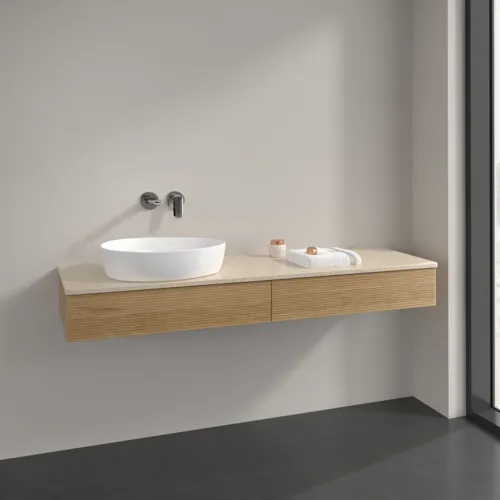 Bild von VILLEROY BOCH Antao Waschbeckenunterschrank, mit Beleuchtung, 2 Auszüge, 1600 x 190 x 500 mm, Front mit Struktur, Honey Oak / Botticino #L15113HN
