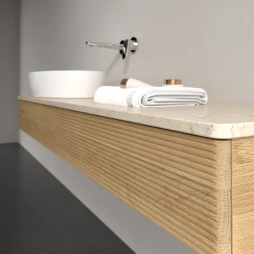 Bild von VILLEROY BOCH Antao Waschbeckenunterschrank, mit Beleuchtung, 2 Auszüge, 1600 x 190 x 500 mm, Front mit Struktur, Honey Oak / Botticino #L15113HN