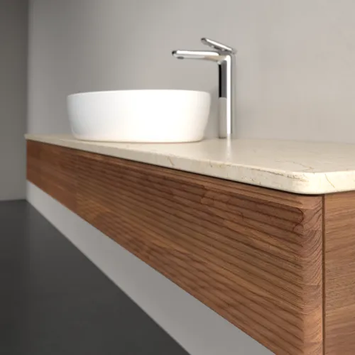 Bild von VILLEROY BOCH Antao Waschbeckenunterschrank, mit Beleuchtung, 2 Auszüge, 1600 x 190 x 500 mm, Front mit Struktur, Warm Walnut / Botticino #L14153HM