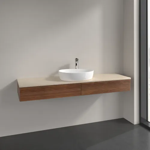 Bild von VILLEROY BOCH Antao Waschbeckenunterschrank, mit Beleuchtung, 2 Auszüge, 1600 x 190 x 500 mm, Front mit Struktur, Warm Walnut / Botticino #L14153HM
