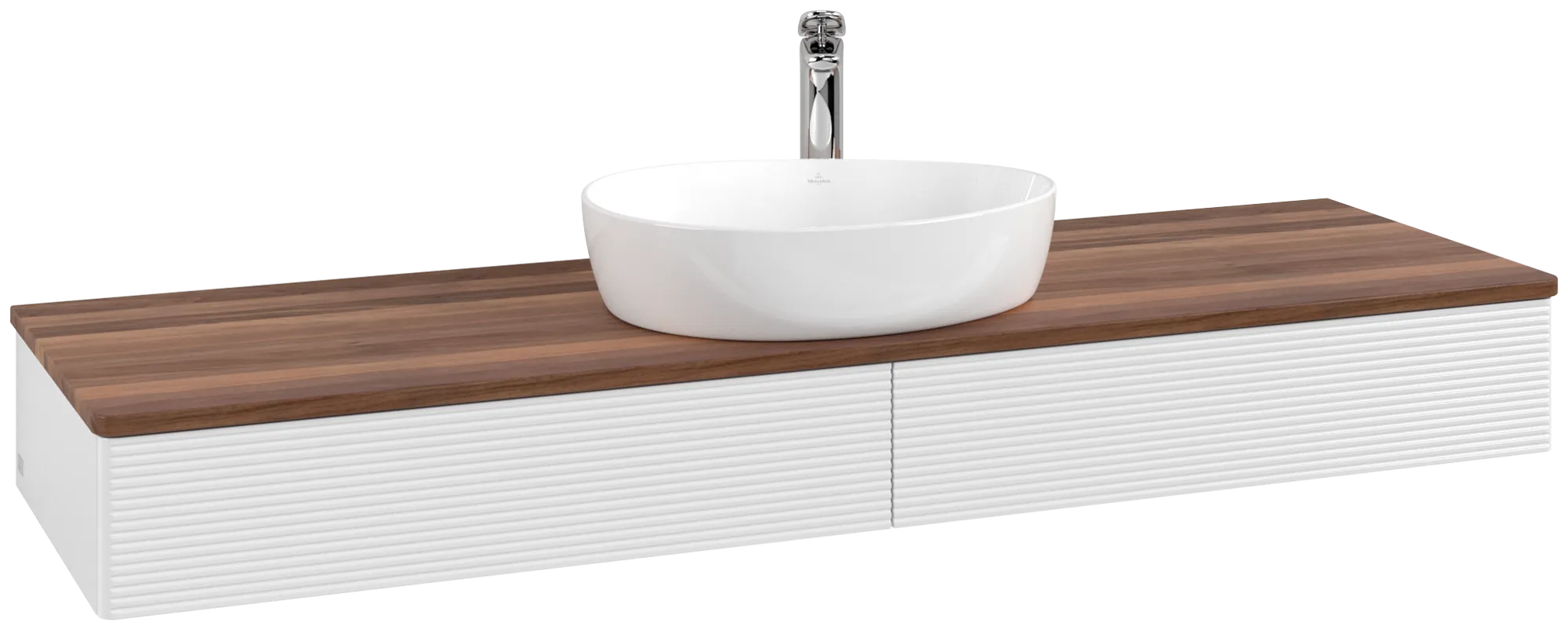 Obrázek VILLEROY BOCH Antao Vanity unit, with lighting, 2 pull-out compartments, 1600 x 190 x 500 mm, Front with grain texture, Glossy White Lacquer / Warm Walnut #L14152GF