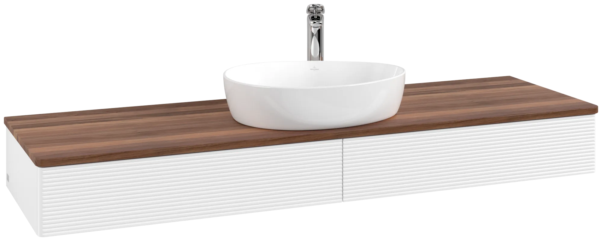 Obrázek VILLEROY BOCH Antao Vanity unit, with lighting, 2 pull-out compartments, 1600 x 190 x 500 mm, Front with grain texture, White Matt Lacquer / Warm Walnut #L14152MT