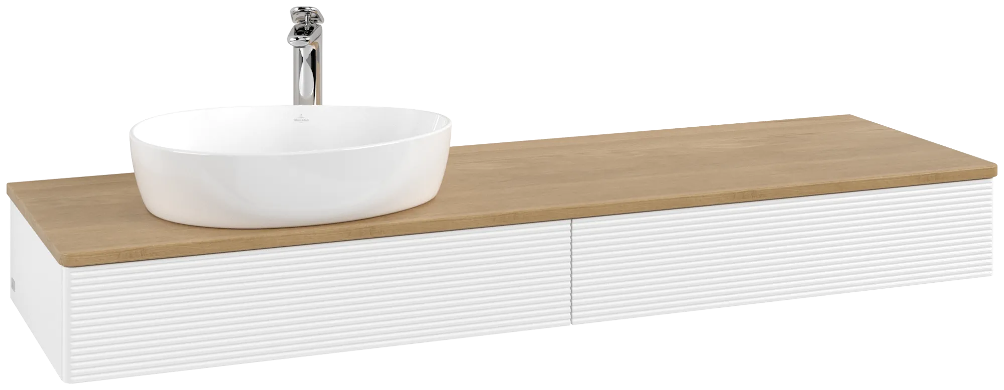 Picture of VILLEROY BOCH Antao Vanity unit, with lighting, 2 pull-out compartments, 1600 x 190 x 500 mm, Front with grain texture, White Matt Lacquer / Honey Oak #L15151MT