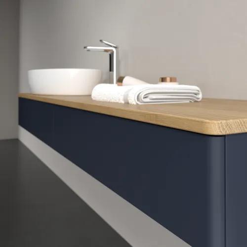 Bild von VILLEROY BOCH Antao Waschbeckenunterschrank, mit Beleuchtung, 2 Auszüge, 1600 x 190 x 500 mm, Front ohne Struktur, Midnight Blue Matt Lacquer / Honey Oak #L15051HG