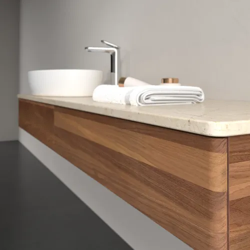 Bild von VILLEROY BOCH Antao Waschbeckenunterschrank, mit Beleuchtung, 2 Auszüge, 1600 x 190 x 500 mm, Front ohne Struktur, Warm Walnut / Botticino #L15053HM