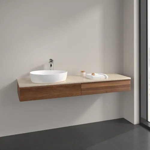 Bild von VILLEROY BOCH Antao Waschbeckenunterschrank, mit Beleuchtung, 2 Auszüge, 1600 x 190 x 500 mm, Front ohne Struktur, Warm Walnut / Botticino #L15053HM