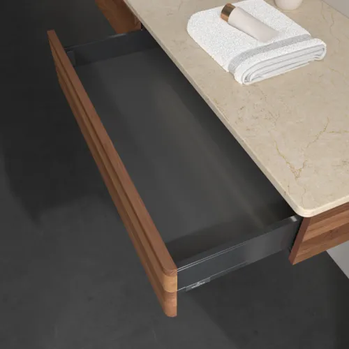 Bild von VILLEROY BOCH Antao Waschbeckenunterschrank, mit Beleuchtung, 2 Auszüge, 1600 x 190 x 500 mm, Front ohne Struktur, Warm Walnut / Botticino #L15053HM