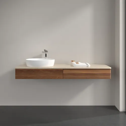 Bild von VILLEROY BOCH Antao Waschbeckenunterschrank, mit Beleuchtung, 2 Auszüge, 1600 x 190 x 500 mm, Front ohne Struktur, Warm Walnut / Botticino #L15053HM