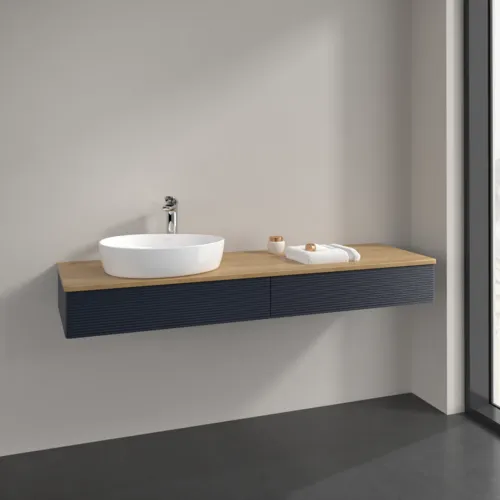 Bild von VILLEROY BOCH Antao Waschbeckenunterschrank, mit Beleuchtung, 2 Auszüge, 1600 x 190 x 500 mm, Front mit Struktur, Midnight Blue Matt Lacquer / Honey Oak #L15151HG
