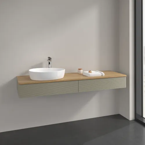 Bild von VILLEROY BOCH Antao Waschbeckenunterschrank, mit Beleuchtung, 2 Auszüge, 1600 x 190 x 500 mm, Front mit Struktur, Stone Grey Matt Lacquer / Honey Oak #L15151HK