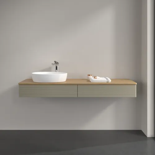 Bild von VILLEROY BOCH Antao Waschbeckenunterschrank, mit Beleuchtung, 2 Auszüge, 1600 x 190 x 500 mm, Front mit Struktur, Stone Grey Matt Lacquer / Honey Oak #L15151HK