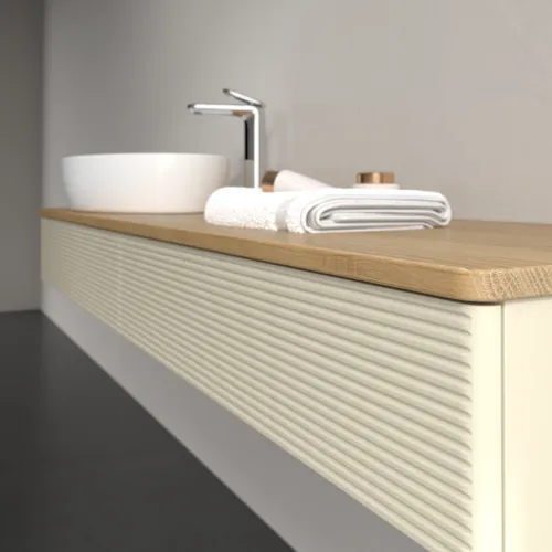 Bild von VILLEROY BOCH Antao Waschbeckenunterschrank, mit Beleuchtung, 2 Auszüge, 1600 x 190 x 500 mm, Front mit Struktur, Silk Grey Matt Lacquer / Honey Oak #L15151HJ