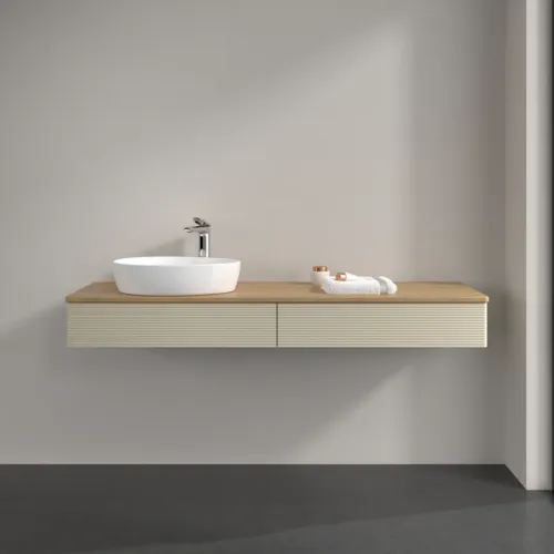Bild von VILLEROY BOCH Antao Waschbeckenunterschrank, mit Beleuchtung, 2 Auszüge, 1600 x 190 x 500 mm, Front mit Struktur, Silk Grey Matt Lacquer / Honey Oak #L15151HJ