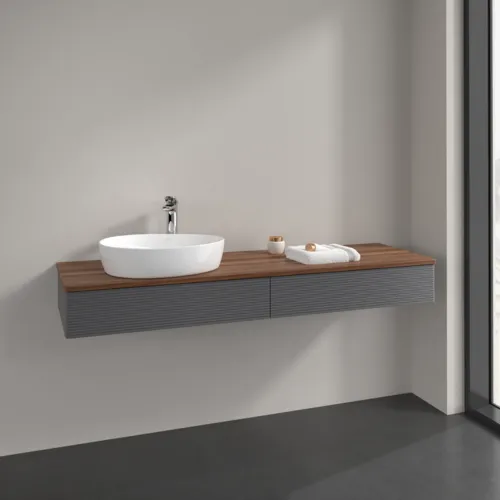 Bild von VILLEROY BOCH Antao Waschbeckenunterschrank, mit Beleuchtung, 2 Auszüge, 1600 x 190 x 500 mm, Front mit Struktur, Anthracite Matt Lacquer / Warm Walnut #L15152GK