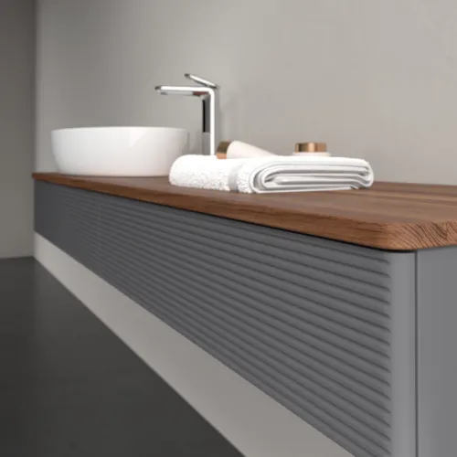 Bild von VILLEROY BOCH Antao Waschbeckenunterschrank, mit Beleuchtung, 2 Auszüge, 1600 x 190 x 500 mm, Front mit Struktur, Anthracite Matt Lacquer / Warm Walnut #L15152GK