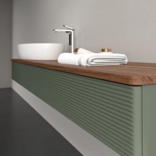 Bild von VILLEROY BOCH Antao Waschbeckenunterschrank, mit Beleuchtung, 2 Auszüge, 1600 x 190 x 500 mm, Front mit Struktur, Leaf Green Matt Lacquer / Warm Walnut #L15152HL