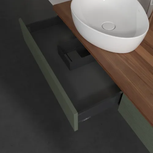 Bild von VILLEROY BOCH Antao Waschbeckenunterschrank, mit Beleuchtung, 2 Auszüge, 1600 x 190 x 500 mm, Front mit Struktur, Leaf Green Matt Lacquer / Warm Walnut #L15152HL