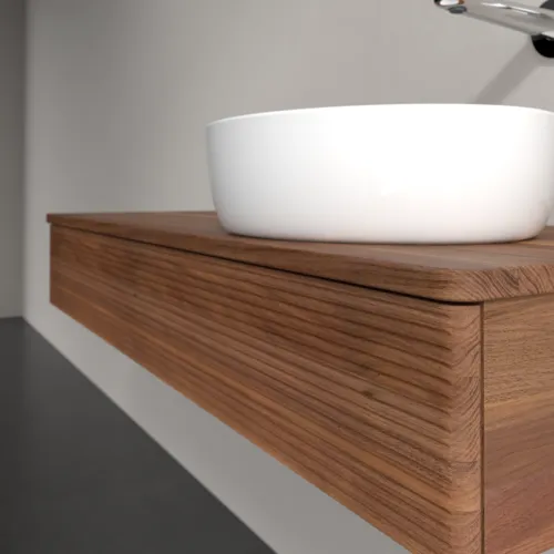 Picture of VILLEROY BOCH Antao Vanity unit, with lighting, 1 pull-out compartment, 1200 x 190 x 500 mm, Front with grain texture, Warm Walnut / Warm Walnut #L12112HM