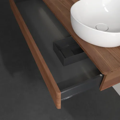 Picture of VILLEROY BOCH Antao Vanity unit, with lighting, 1 pull-out compartment, 1200 x 190 x 500 mm, Front with grain texture, Warm Walnut / Warm Walnut #L12112HM