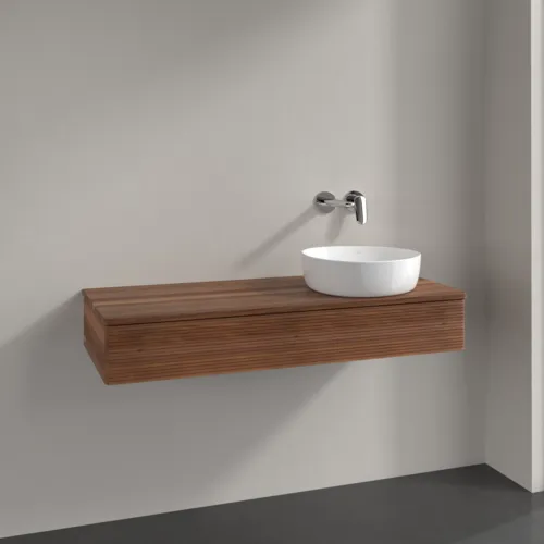 Picture of VILLEROY BOCH Antao Vanity unit, with lighting, 1 pull-out compartment, 1200 x 190 x 500 mm, Front with grain texture, Warm Walnut / Warm Walnut #L12112HM