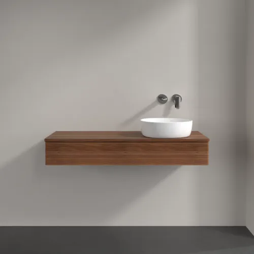 Picture of VILLEROY BOCH Antao Vanity unit, with lighting, 1 pull-out compartment, 1200 x 190 x 500 mm, Front with grain texture, Warm Walnut / Warm Walnut #L12112HM