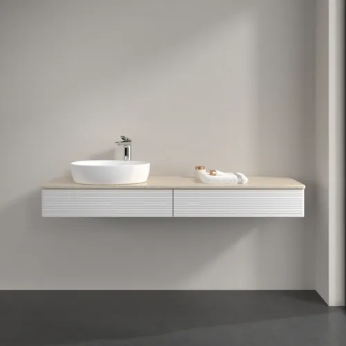 Bild von VILLEROY BOCH Antao Waschbeckenunterschrank, mit Beleuchtung, 2 Auszüge, 1600 x 190 x 500 mm, Front mit Struktur, Glossy White Lacquer / Botticino #L15153GF