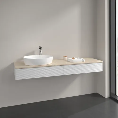 Bild von VILLEROY BOCH Antao Waschbeckenunterschrank, mit Beleuchtung, 2 Auszüge, 1600 x 190 x 500 mm, Front mit Struktur, Glossy White Lacquer / Botticino #L15153GF