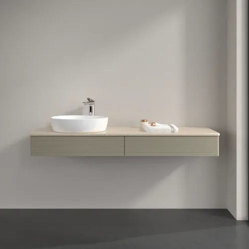Bild von VILLEROY BOCH Antao Waschbeckenunterschrank, mit Beleuchtung, 2 Auszüge, 1600 x 190 x 500 mm, Front mit Struktur, Stone Grey Matt Lacquer / Botticino #L15153HK