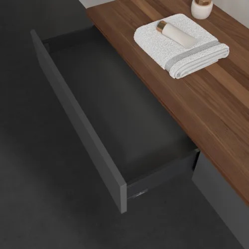 Bild von VILLEROY BOCH Antao Waschbeckenunterschrank, mit Beleuchtung, 2 Auszüge, 1600 x 190 x 500 mm, Front ohne Struktur, Anthracite Matt Lacquer / Warm Walnut #L16012GK