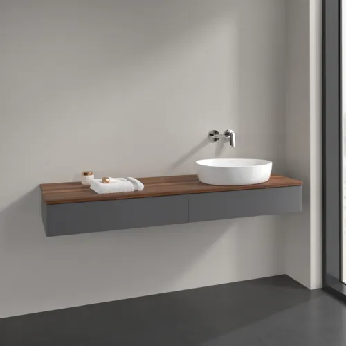Bild von VILLEROY BOCH Antao Waschbeckenunterschrank, mit Beleuchtung, 2 Auszüge, 1600 x 190 x 500 mm, Front ohne Struktur, Anthracite Matt Lacquer / Warm Walnut #L16012GK